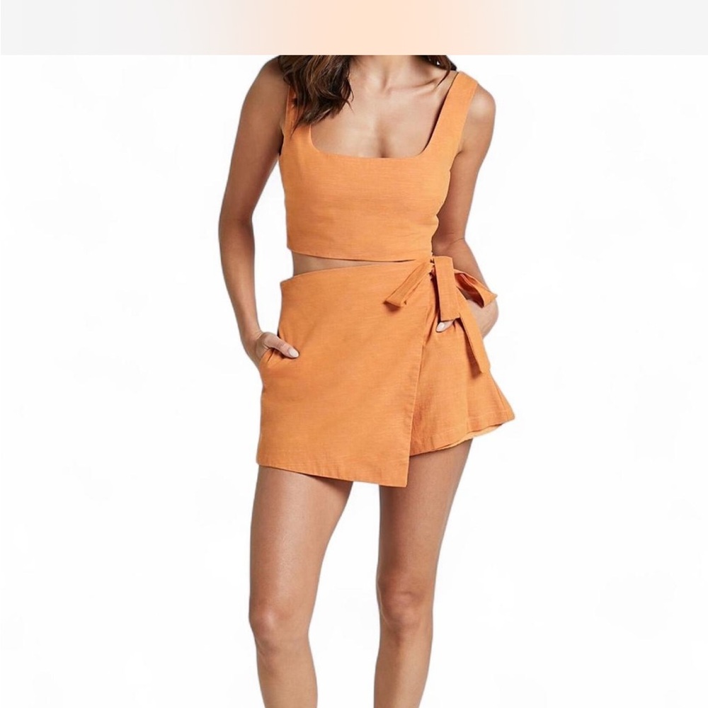 Orange linen two piece skort and crop top set